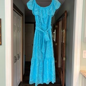 Lilly Pulitzer Off the Shoulder Eyelet Midi Sun Dress Size M Aqua Turquoise